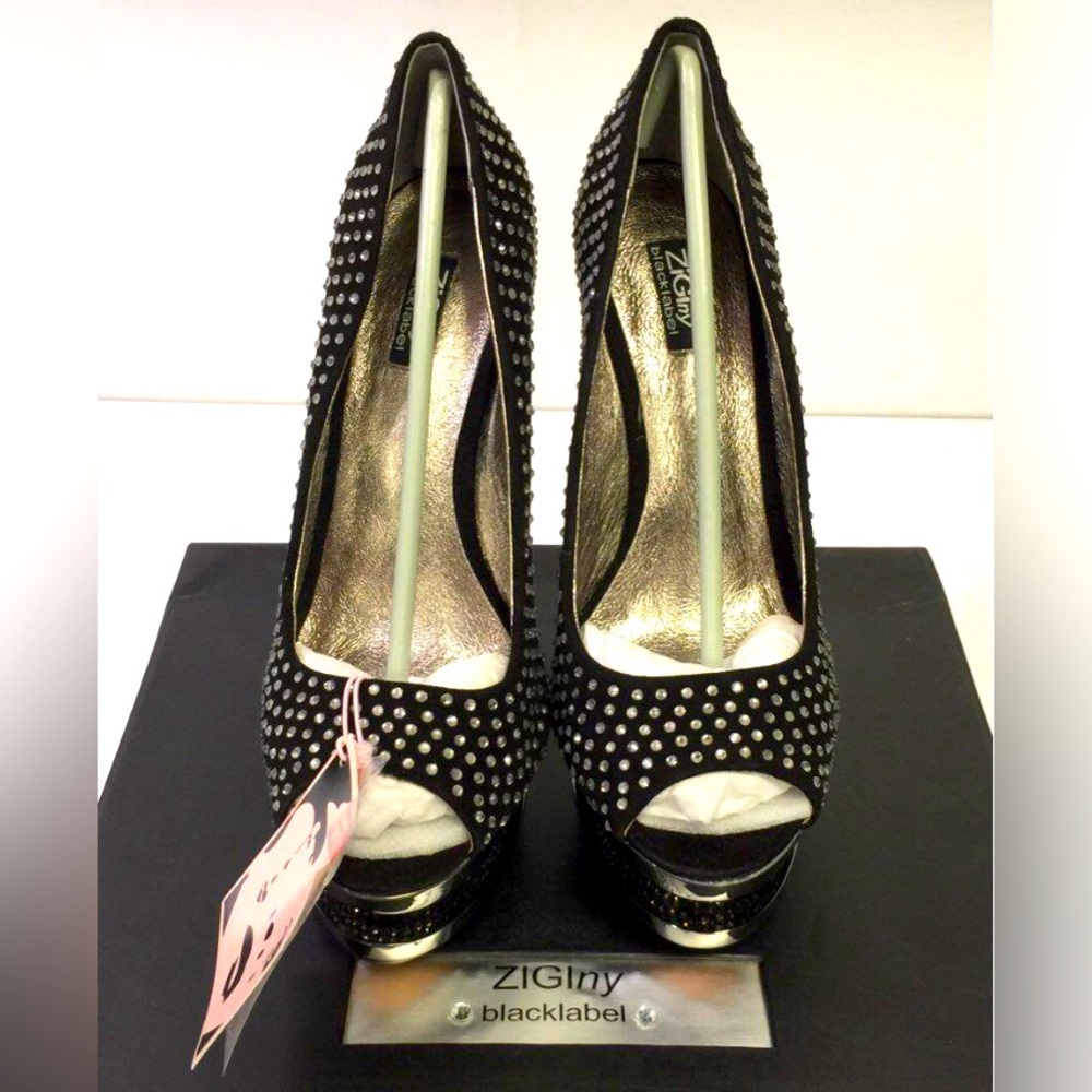 ZigiNY Black Label Rhinestone & Chrome Peep Toe Heel NWT IOB